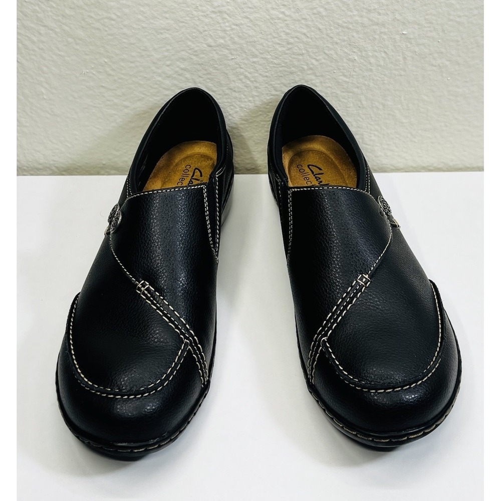 Clarks Black  Womens Comfortable Loafer Leather Flat Shoes Size 10